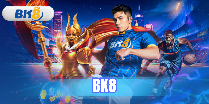 Promotional BK8 banner featuring a soccer player wearing the BK8 kit, a basketball player driving with the ball, and a gold-armored fantasy character set against a neon-lit stadium backdrop with the BK8 logo and central title — BK8, sports, football, basketball, esports, gaming, sponsor