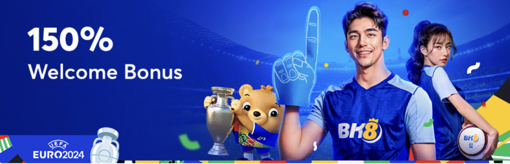 Promotional BK8 banner advertising a 150% Welcome Bonus, showing football players in BK8 jerseys, a team mascot holding a trophy, a BK8-branded soccer ball and a large foam finger against a lit stadium backdrop with Euro2024 branding — BK8, welcome bonus, Euro2024, football, sponsor