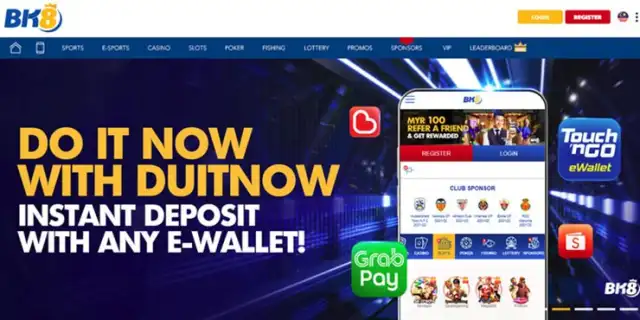 BK8 promotional banner advertising “DO IT NOW WITH DUITNOW — Instant deposit with any e-wallet!” featuring a dark-blue site header, prominent yellow headline, a smartphone mockup of the BK8 app, GrabPay and Touch ‘n Go icons, and register/login buttons — BK8, DuitNow, e-wallet, instant deposit, mobile app, GrabPay, Touch ‘n Go