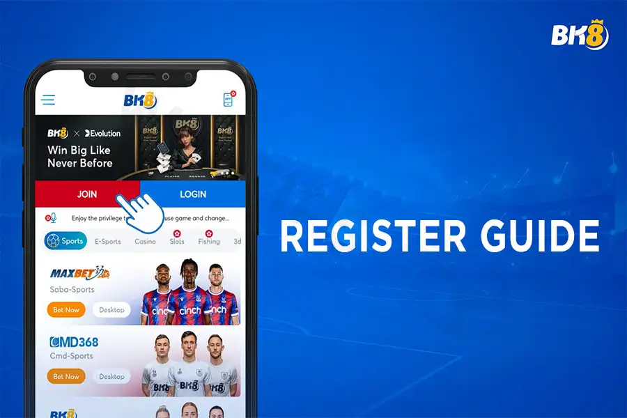 Promotional BK8 Register Guide image showing a smartphone mockup with prominent red “Join” and blue “Login” buttons, a hand-cursor pointing to Join, sports provider tiles (e.g., MaxBet, CMD368) and the BK8 logo against a blue stadium backdrop — BK8, register, mobile app, sports, betting