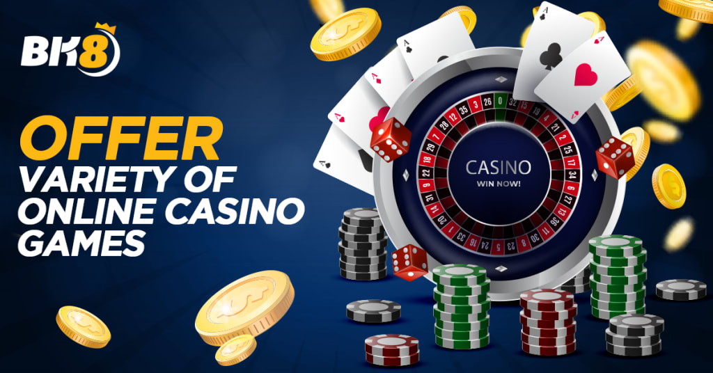 Promotional BK8 banner showing a roulette wheel surrounded by poker cards, dice, stacks of casino chips and gold coins, bold headline “Offer Variety of Online Casino Games” — BK8, online casino, casino games, roulette, poker, slots.